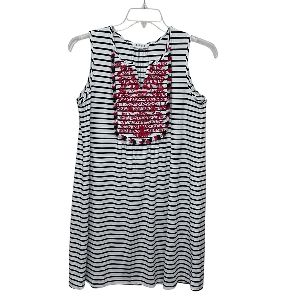 THML Women's Blue/White Striped Tropical Boho Embroidered Tank Top Size Medium